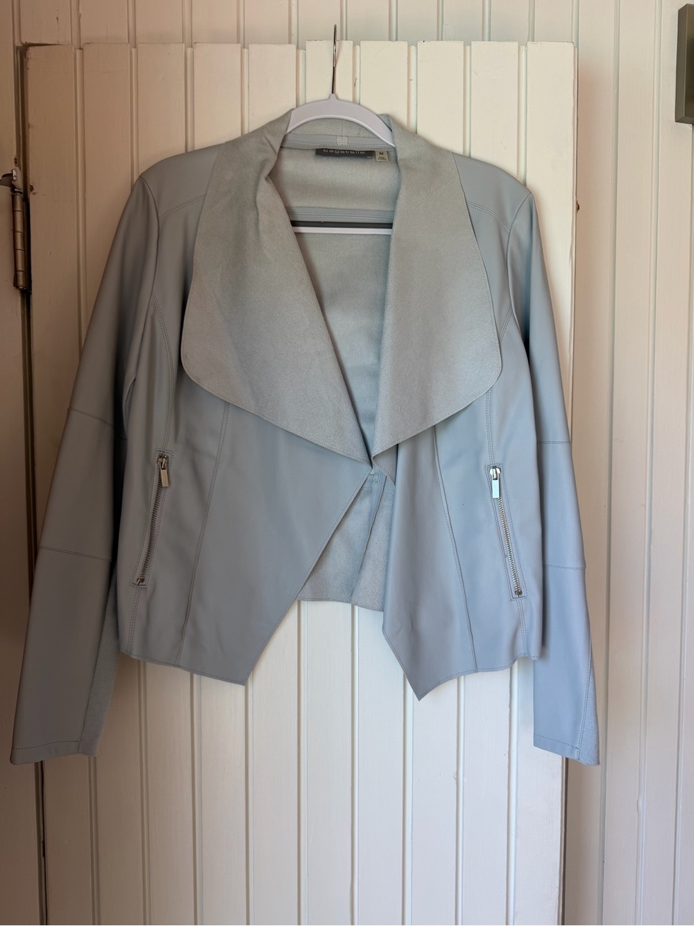 Bagatelle Draped Open-Front Women’s Faux Leather Jacket in Frosty Blue Gray